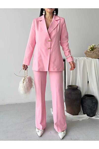 MYGİYİMİSTANBUL Blazer Ceket Bol Paça Pantolon Takım altın düğmeli