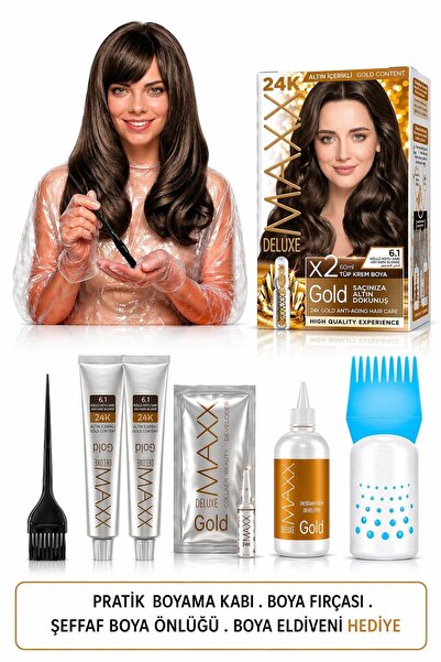 MAXX DELUXE Golden Beauty Set Saç Boyası 6.1 Küllü Koyu Kumral 2 Li + Fırça+P...