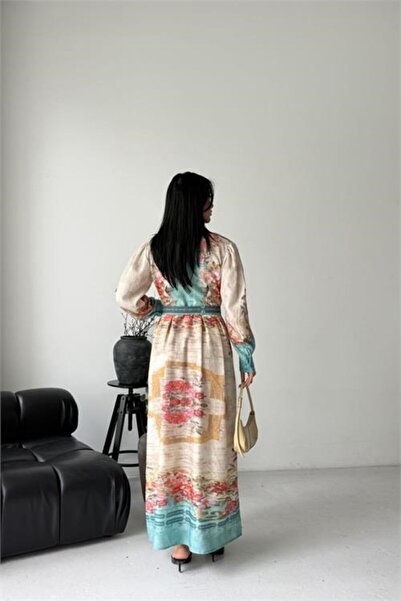 Dipmoda Γυναικείο φόρεμα με πράσινα κουμπιά και λεπτομερή σχέδια, με ζώνη σε ...