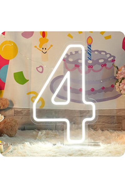 Slasa Number 4 LED Neon Sign 40x26 cm White Light 6mm Acrylic Base Birthday P...