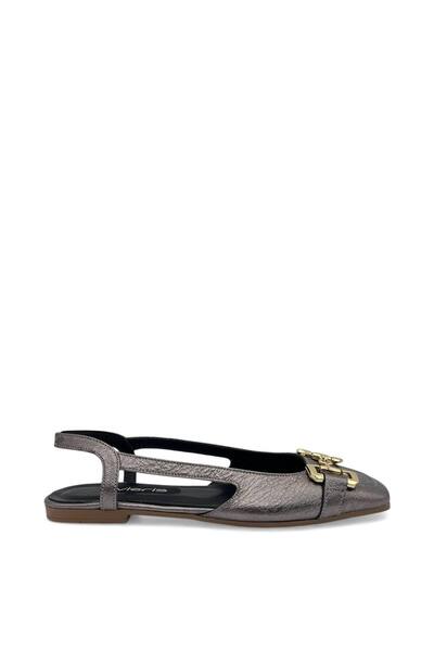 Vieris Shoes Antrasit Hakiki Deri Gold Toka Detaylı Küt Burun Arkası Açık Kad...