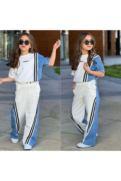 EFSACE Perfect Denim Girls' Set with Garnished Stripes