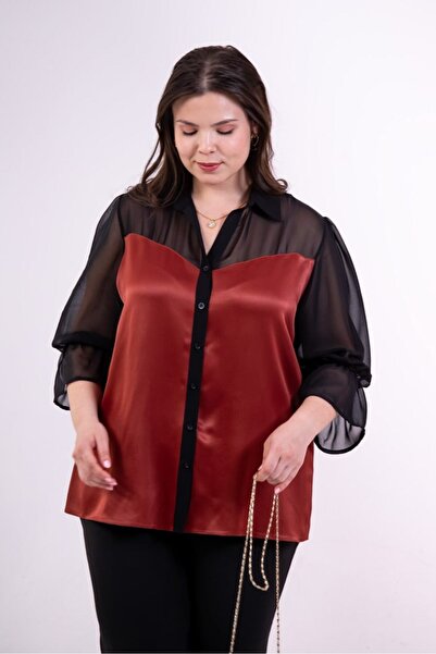 Roxxlen Γυναικείο πουκάμισο σιφόν σατέν μεγάλου μεγέθους 1122623