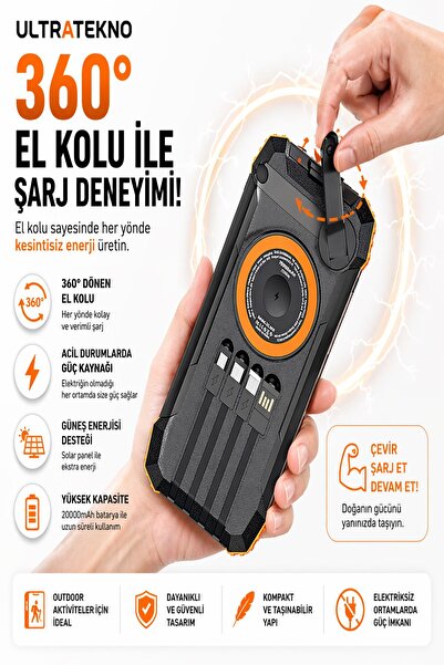 ULTRATEKNO FC-20 20000 mAh Solar Powerbank 22.5W Hızlı Şarj Kablosuz Şarj El Kranklı LED Fenerli Taşınabilir Şarj Cihazı