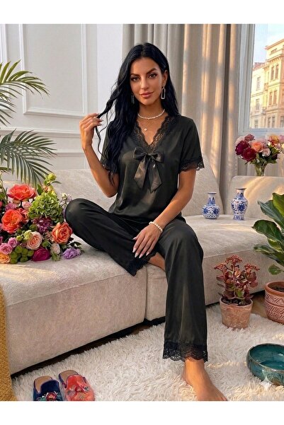 AURA Γυναικείο σετ πιτζάμες από βισκόν με λεπτομέρειες από μαύρη δαντέλα και ...