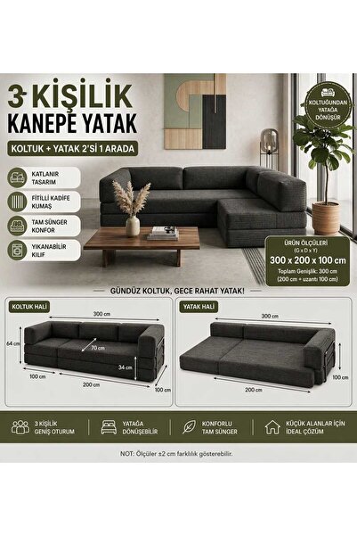 COLORMİX Fitilli Kadife Katlanır Kanepe Yatak Koltuk Tam Sünger Yer Yatağı Mo...