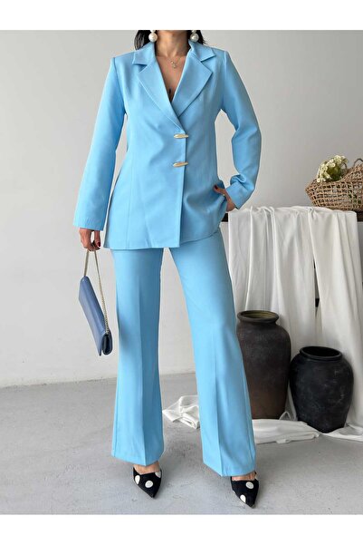 MYGİYİMİSTANBUL Blazer Ceket Bol Paça Pantolon Takım altın düğmeli