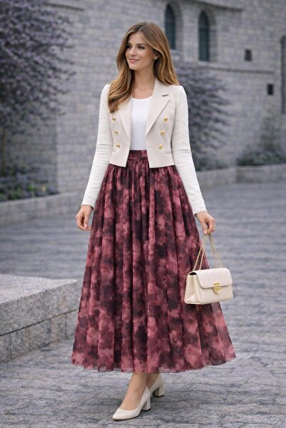 HİRA LİFE FASHİON Asymmetrical Cut Ethnic Pattern Tulle Skirt with Elastic Wa...