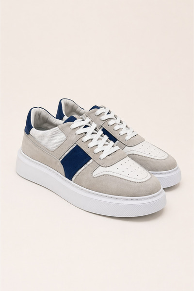 VARNAS Erkek Beyaz-Lacivert Hakiki Dana Süet ve Deri Sneaker Ayakkabı – Prag