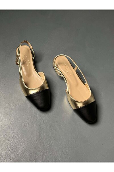 MERVE SARIDEMİR SHOES Gold & Siyah Babet – 2 cm Topuk
