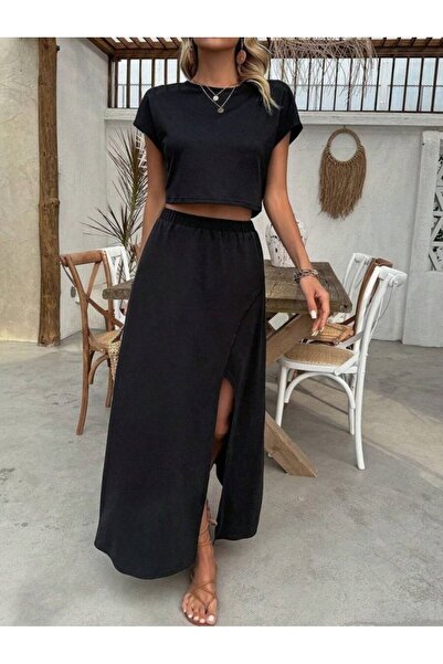 Kokosh moda Women's Short Sleeve Crew Neck Viscose Crop Blouse and Long Skirt...