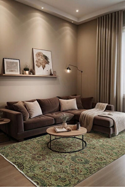 Loop Rugs Yeşil El Dokuması Vintage Salon Halısı - Eskitme Organik Yün Pamuk ...
