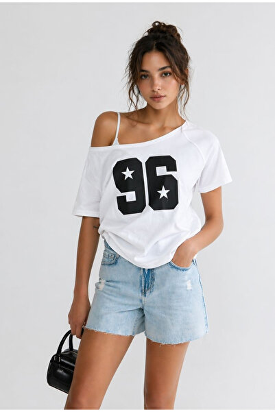 npLStore Γυναικείο μπλουζάκι με λαιμόκοψη 96 με στάμπα Oversize από 100% βαμβάκι