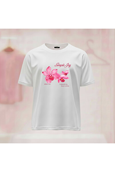 Vordevia Simple Joy Floral Printed Crew Neck Wide Fit Tshirt