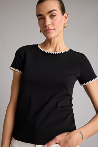 DeFacto Tricou cu mânecă scurtă, cu guler tip crew, cu nervuri, croială norma...