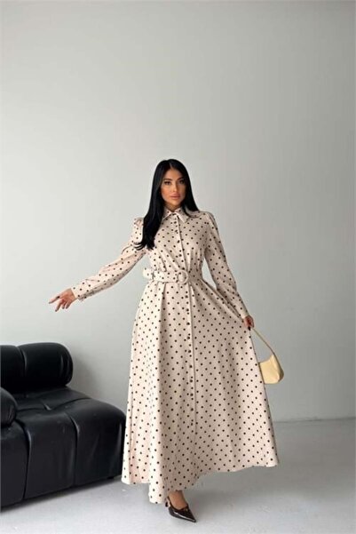 Dipmoda Γυναικείο μπεζ πουκάμισο με λεπτομέρεια ζώνης στο γιακά, πουά σχέδιο,...