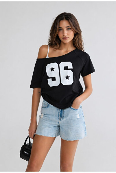 Keywest Γυναικείο μπλουζάκι με λαιμόκοψη 96 με στάμπα Oversize από 100% βαμβάκι