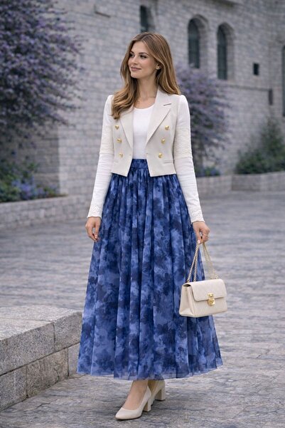 HİRA LİFE FASHİON Asymmetrical Cut Ethnic Pattern Tulle Skirt with Elastic Wa...