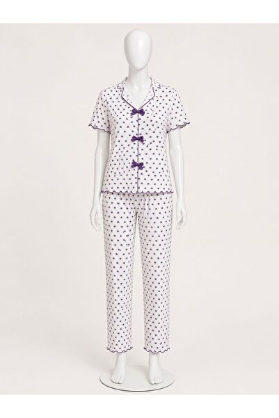skycott γυναικείο σετ πιτζάμες με βολάν, λευκό μωβ σχέδιο καρδιάς, βαμβακερό ...