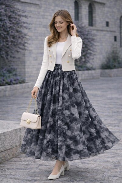 HİRA LİFE FASHİON Asymmetrical Cut Ethnic Pattern Tulle Skirt with Elastic Wa...
