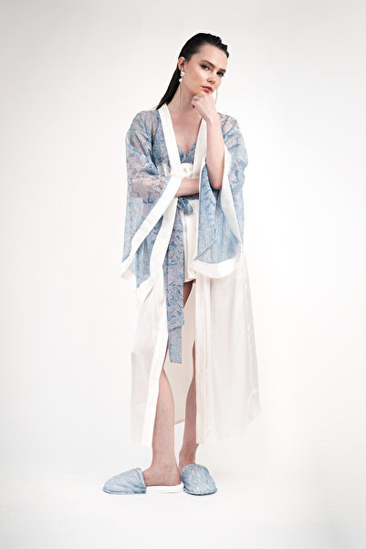 Mita Concept Blue-Ecru Lace Bat Sleeve Kimono