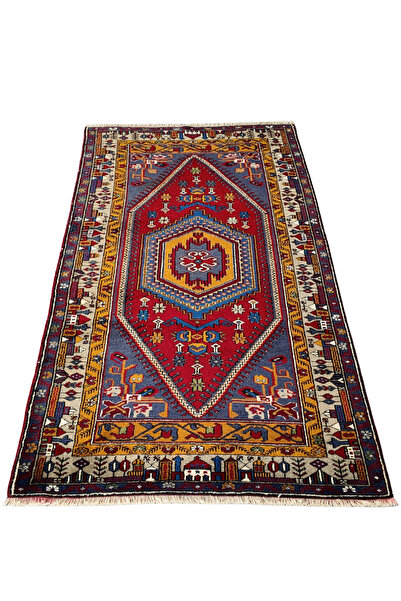 El Dokuması %100 Yün Klasik Köy Motifli Yahyalı Halısı - Doğal Kök Boyalı Organik Yün Türk Halısı - 118x208 cm