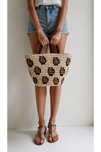 Markiz Takı Geantă din paie cu broderie leopard (35 cm*30 cm)
