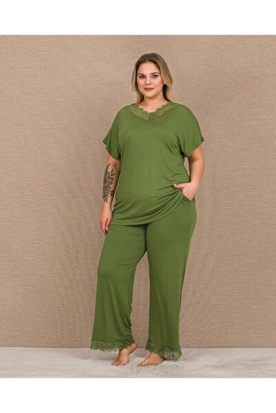 Lady Lingerie Σετ γυναικείες πιτζάμες με κοντό μανίκι και δαντέλα, πράσινο, σ...