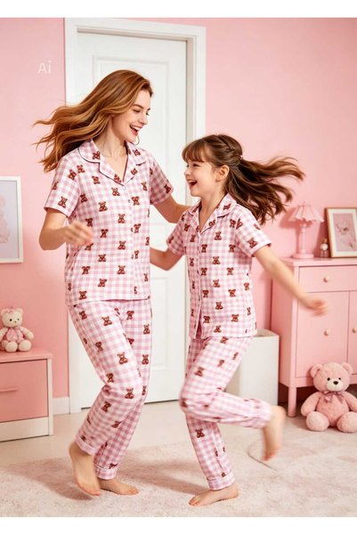 NiCe İç Giyim Mother & Daughter Matching Pajama Set Pink and White Plaid Shirt Collar Short Sleeve Buttoned Milan Fabric (Sold Separately)