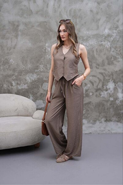 Elaxi Γυναικείο Σετ Εισαγόμενο Υφαντό Γιλέκο και Παντελόνι με Φαρδιά Μπατζάκι...