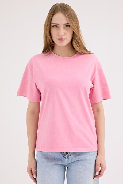 cracpot Kadın PEMBE Yıkamalı Basic Regular Fit Tişört – %100 Pamuk Vintage Gö...