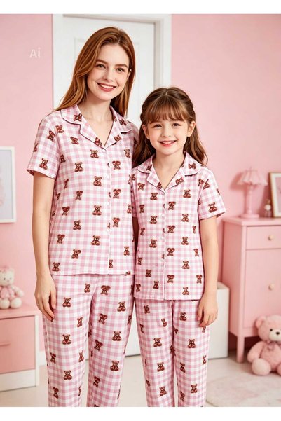 NiCe İç Giyim Mother & Daughter Matching Pajama Set Pink and White Plaid Shirt Collar Short Sleeve Buttoned Milan Fabric (Sold Separately)