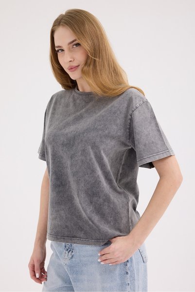 cracpot Kadın FÜME Yıkamalı Basic Regular Fit Tişört – %100 Pamuk Vintage Görünümlü