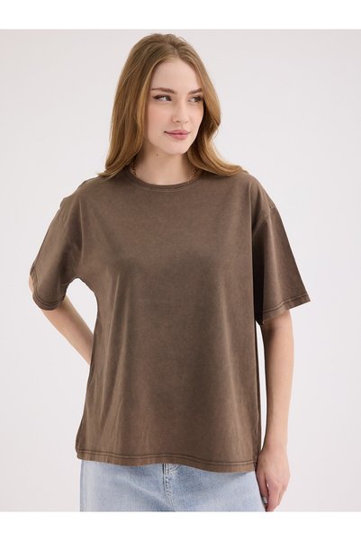 cracpot Kadın KAHVERENGİ Yıkamalı Basic Regular Fit Tişört – %100 Pamuk Vintage Görünümlü