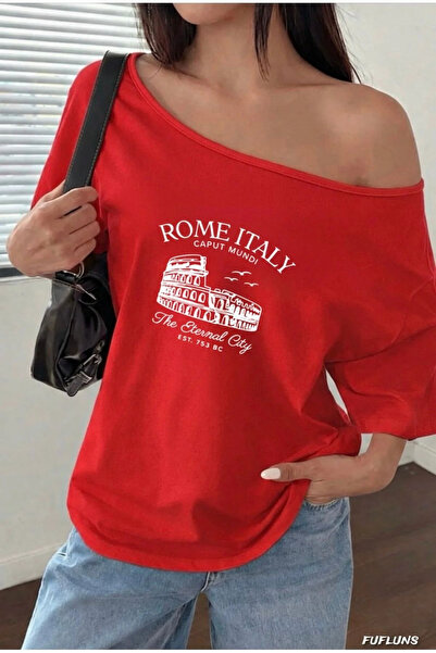 Keywest Γυναικείο μπλουζάκι με λαιμόκοψη Kayık Rome Italy με στάμπα Oversize ...