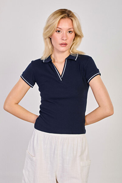 BARRELS AND OIL Κορμάκι με γιακά πόλο και ραβδώσεις - Μπλε σκούρο/Λευκό