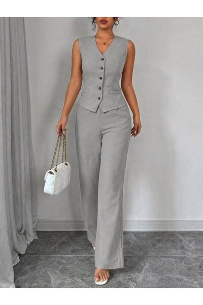 Wear Up Γυναικεία Σετ με Τιράντες Με κουμπιά μπροστά Μπλούζα και Παντελόνι Λι...