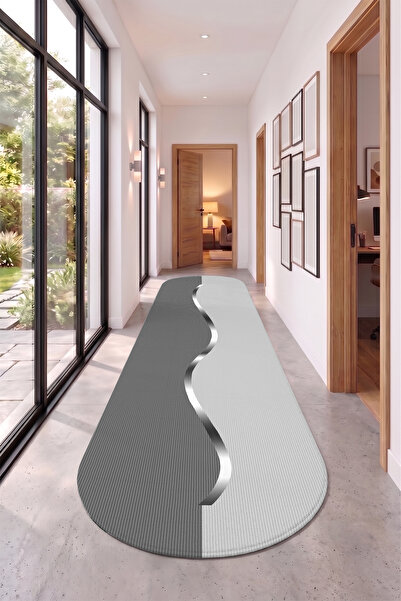 Gri Lüks Kaymaz Taban Dijital Baskı Modern Yolluk Koridor Halısı