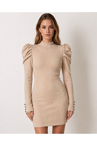 Kirazgym Γυναικείο Μπεζ Πλεκτό Φόρεμα με Όρθιο Γιακά – Μίνι Φόρεμα με Λεπτομέ...