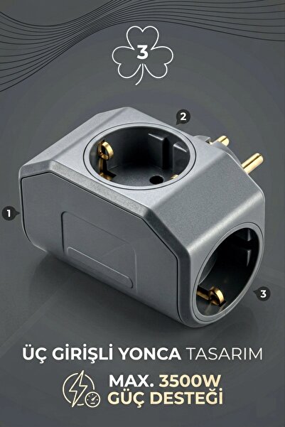 Aryes Estetik Yonca Tasarım Üçlü Fiş Çoklayıcı Priz Golyat - 3500 Watt Güçlü