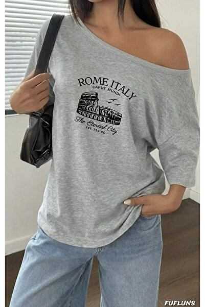 Keywest Γυναικείο μπλουζάκι με λαιμόκοψη Kayık Rome Italy με στάμπα Oversize ...