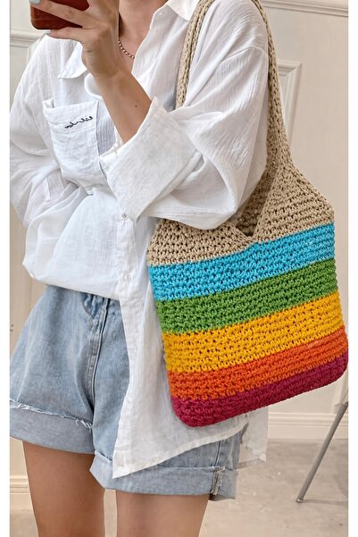 Markiz Takı Hand Knitted Straw Multi-Colored Bag (40Cm*33Cm)