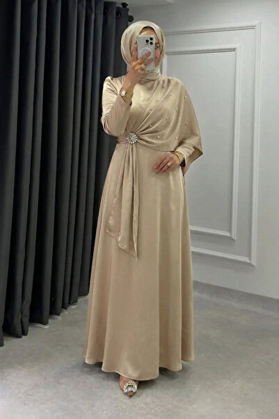 Abiye Diyarı Βραδινό Φόρεμα Τεσσέτουρ από Ύφασμα Κρεπ με Καρφίτσα από Πέτρα Ζ...