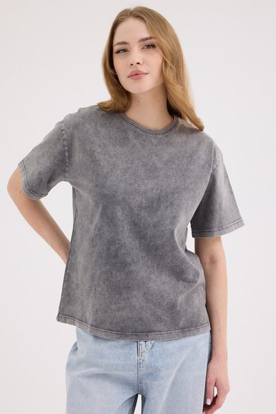 cracpot Kadın FÜME Yıkamalı Basic Regular Fit Tişört – %100 Pamuk Vintage Görünümlü