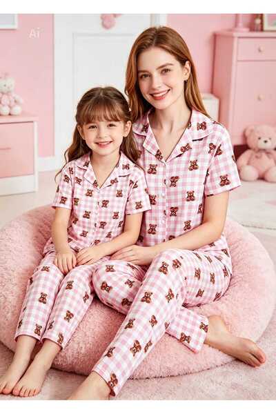 NiCe İç Giyim Σετ πιτζάμες για μαμά και κόρη, ροζ και λευκό καρό πουκάμισο με...