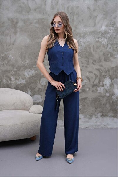 Elaxi Γυναικείο Σετ Εισαγόμενο Υφαντό Γιλέκο και Παντελόνι με Φαρδιά Μπατζάκι...