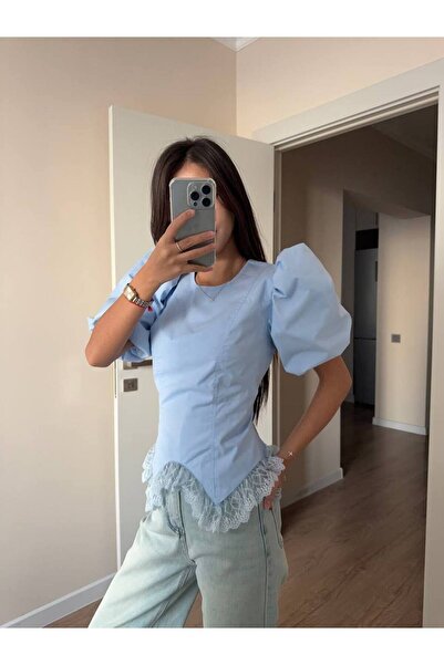 FLOWERİNG Γυναικεία μπλούζα μπλε με δαντέλα στο τελείωμα και δέσιμο στην πλάτη