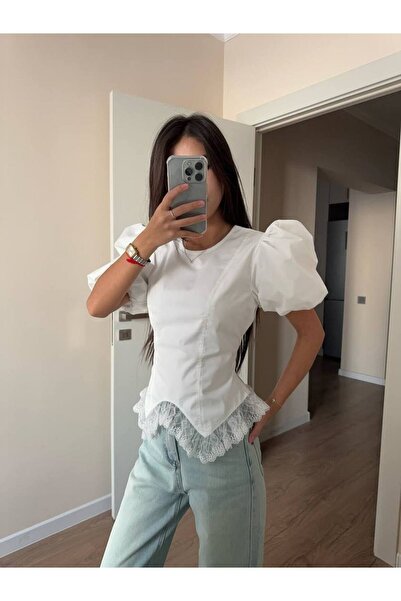 FLOWERİNG Γυναικεία λευκή μπλούζα με δαντέλα στο τελείωμα και δέσιμο στην πλάτη