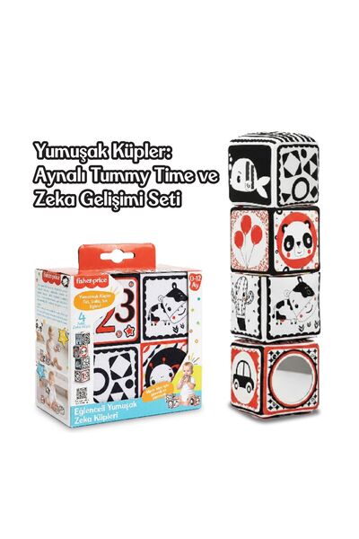 FISHER PRICE 0-12 Ay Tummy Time Yumuşak Bebek Zeka Küpleri Aynalı Set Eğitici Duyusal Oyuncak Montessori Siyah