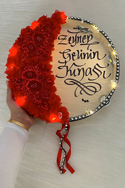ZEYMERADE Kırmızı Ledli Gelin Tefi 32cm, Aplik Çiçek Ve Parlak Taş Süslemeli ...